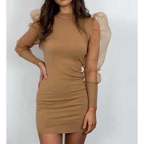 Summer Dress Sexy Women O Neck Stitching Mesh Long Puff Sleeve Mini Bodycon Party Club Dress Sexy Party Elegant Dresses Casual