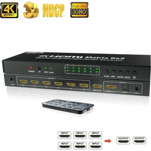 SGEYR 4Kx2K HDMI Matrix Switch 6x2 Matriz Switcher 6 in 2 out HDMI 1.4 Splitter with Remote Control+SPDIF Audio Extractor