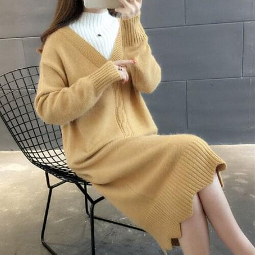 Womens Sweaters Fashion 2021 Thick Mid-Length knitted Fake Two-Piece Dress Half High Neck Long Sleeve Pullover Clothing