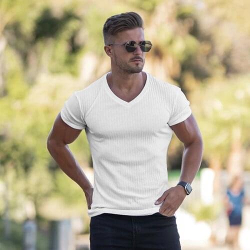 Gym T-shirt Men Fashion V Neck Short Sleeve Knitted Tshirt Slim Fit Sport Tee Shirt Bodybuilding Fitness Workout Summer Clothing