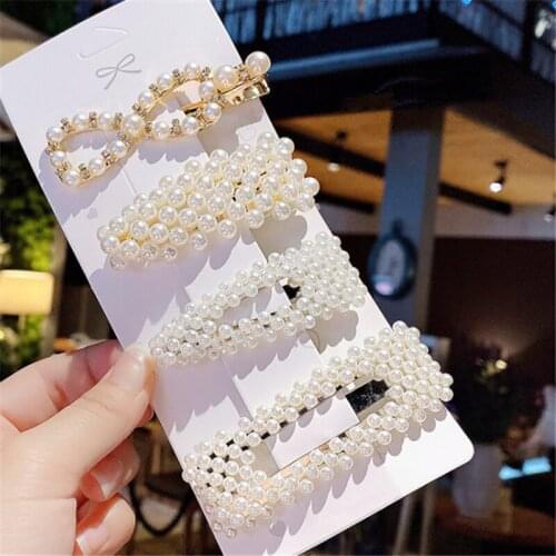 Conjunto De 3/4/5 Uds. De Pinzas Para El Pelo Geométricas Elegantes Lntegramente Con Perlas Para Niña Y Mujer, Pasador, Accesori