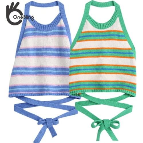 OneBling 2021 New Summer Women Striped Tops Bow Lace Up Halter Backless Tops Chic Lady Fashion Sexy Female Clothes