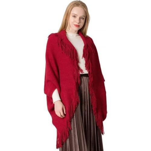 New Autumn Winter Women Knitting Ponchos And Capes Fringed Sweater With Sleeve Cardigan Cloak Soft Thick Warm Tippet Pashmina
