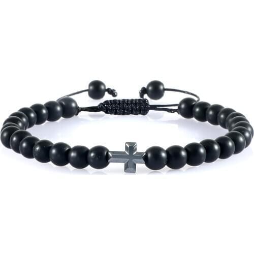 Charm 6mm Natural Stone Beads Braided Bracelet Prayer Men Women Christian Jesus Bless Cross Bracelets Bangles Friendship Jewelry