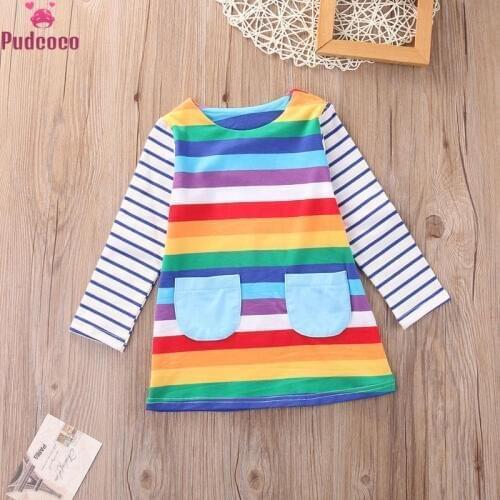 Pudococo Printed Rainbow Colorful Little Girls Dress Toddler Kid Girls Princess T Shirt Dress Casual Winter Clothes 1-7 Year