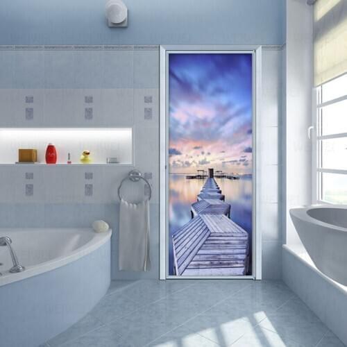 Modern 3D Blue Sky Sea View Wood Bridge Door Sticker Living Room Bedroom Creative Photo Wall Mural Waterproof Wallpaper