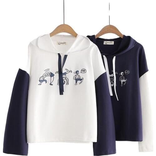 Mori Girl Style 2021 Summer Color Matching Sleeve Funny Hoodies Sweatshirts Women Loose Embroidery Cotton Hooded Pullover 86-015