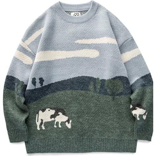Cows Vintage Winter Sweater Fashion Casal O Neck Korean Pullover 2021 Streetwear Harajuku Loose Long Sleeve Warm Winter Sweater