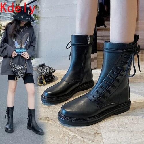 2020 Autumn Winter New Martin Boots Womens Round Toe Flat Mid-Tube Boots With Side Zipper Leather Motorcycle Women Boots