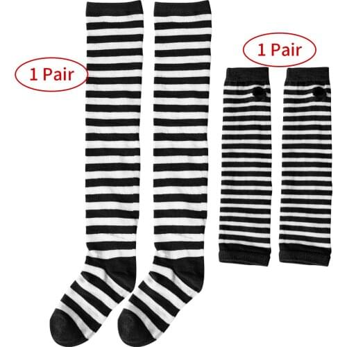 Women Socks Anime Striped Over Knee Socks Thigh High Socks with Pinstripe Arm Warmer Fingerless Gloves Long Wristband Arm Cover