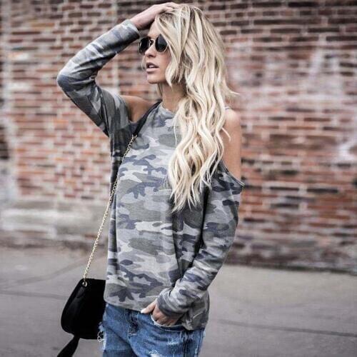 2019 new fashion Womens Cold Shoulder camouflage print loose Tops Long Sleeve T-Shirts Casual female pullover Loose T-shirt top