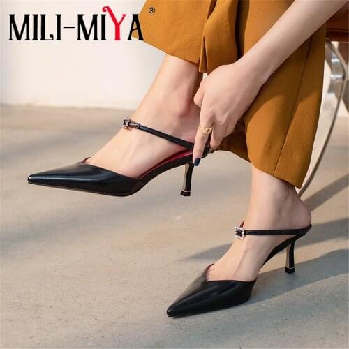 MILI-MIYA Brand Designer Women Mules Pumps Thin Kitten Heel Slip On Fashion Diamond Crystal Slides Pointed Toe Summer Party Shoe