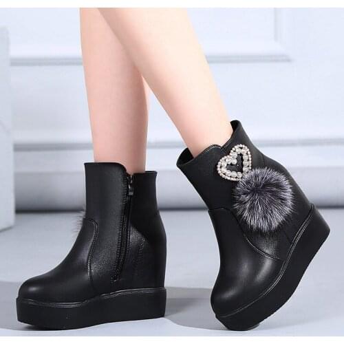 Winter High Quality Leather Snow Boots Women Fashion Style Platform Wedges Ankle Boots Internal Increase 10cm Plush Woman Shoes