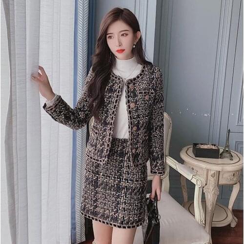 Women Skirt Sets Winter Europe Ladies Plaid Woolen Tweed Jacket Coat+Short Skirt Suits Elegant Two Piece Womens Clothing Sets