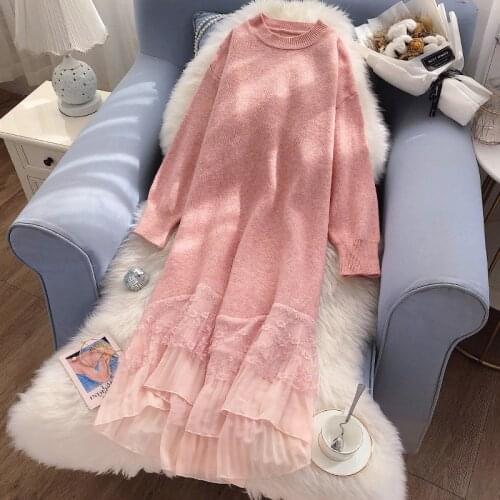 Women Knitted Dress O-neck Long Sleeves Dress Patchwork Lace Chiffon Sheath Office Ladies Urban Bodycon Solid Slim Dress