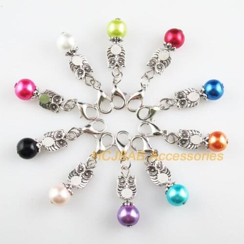 10 New Owl 8x19mm Charms Mixed Ball Glass Tibetan Silver Plated Retro With Lobster Claw Clasps