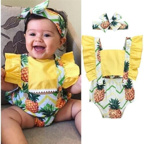 2Pcs Newborn Baby Girl Pineapple Clothes Ruffle Romper Summer Sleeveless Cute Baby Girl Clothing Outfit