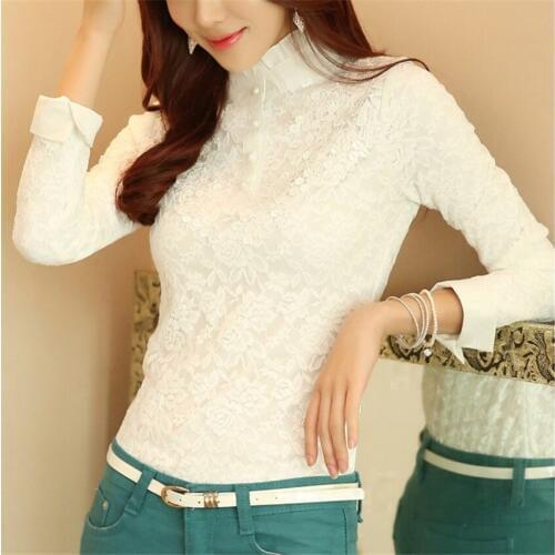20 New Spring Plus Size Women Hollow Out Shirts Slim Thin Lace Blouses All-match Ladies Turtleneck Tops Pullovers Brief WZ237
