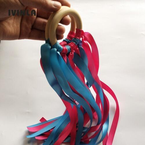 20PCS/LOT blue and red Wood Ribbon Ring Toy -Ribbon Hand Kites- Waldorf Toy- A Discounted Party Favor Pack