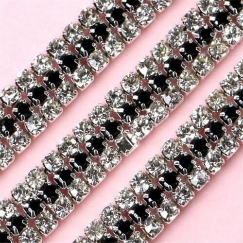 5Yard Clear& Black Rhinestone Crystal Silver Tone Chain Costume Applique Trims Sewing RT0016