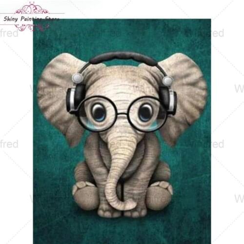 5D Diamond Painting Elephant Headphones Full Drill Cartoon Animal Diamond Embroidery Decorations Home Mural Baby Room Kids Gift