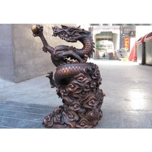 Fast shipping USPS to USA S0418 Chinese Red Bronze Copper Auspicious Lucky Fly Dragon Play Bead Statue