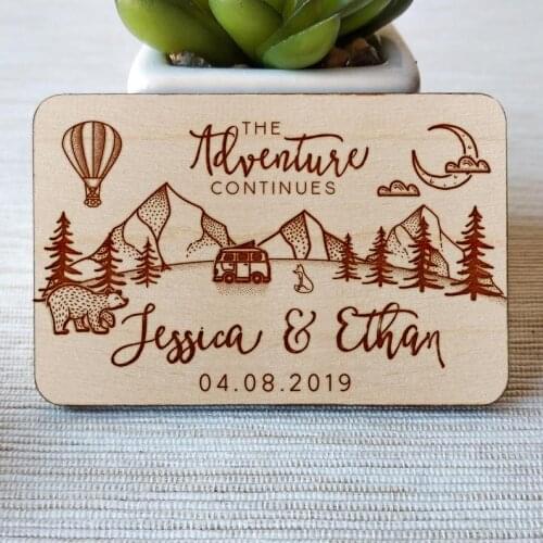 Rustic Mountain Wooden save the date magnets, Rustic Wedding Adventure wood magnet