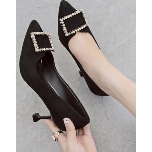 The Wild Pointed Shallow Mouth Suede Square Buckle Rhinestone Cat Single Shoes 2019 Spring Autumn New Stiletto High Heels Women