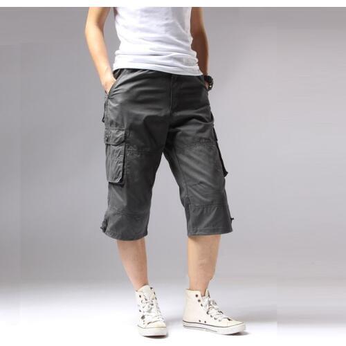 Long Length Cargo Shorts Men Knee Pocket Casual Cotton Elastic Waist Bermudas Male Military Style Summer 2020 Capri Breeche Army