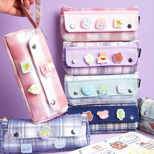 Kawaii JK style Pencil Case Stationery Storage Bags Canvas Pencil Bag Cute Makeup Bag Badge School Supplies for Girl Kids Gift