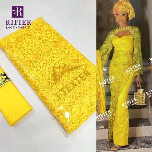Yellow 2.5 Yards Bazin Riche Fabric With 2.5 Yards Sequined Net Lace For Guinea Elegant Lady Party Dresses Net Lace Fabrics