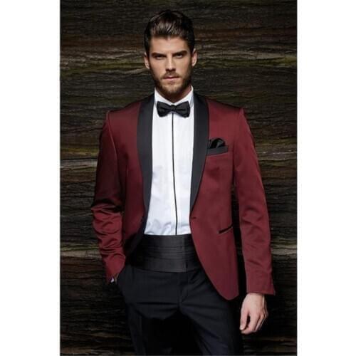 Fashion One Button Burgundy Groom Tuxedos Groom Mens Wedding Suits Ball Gown Wedding Wear Mens Suit JacketPants Belt