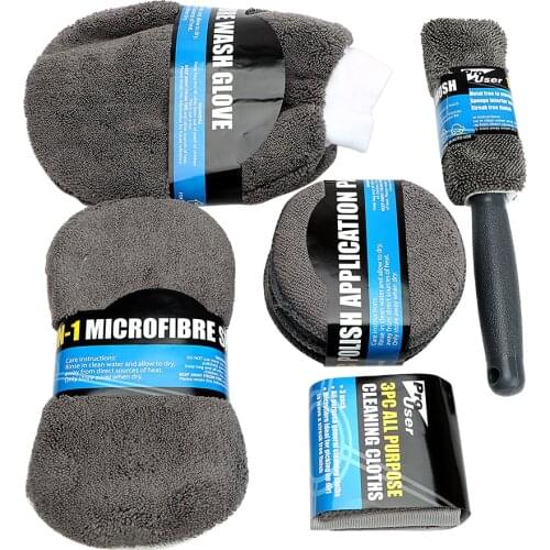 9Pcs Microfiber Car Wash Cleaning Kit Include 3* Microfiber Towels, 3* Applicator Pads, Wash Sponge, Wash Glove, Wheel Brush