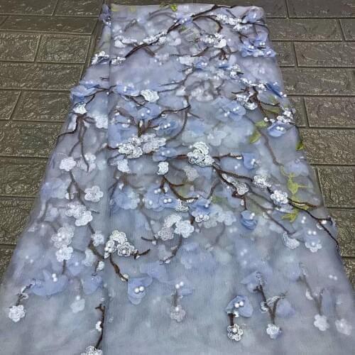 Latest Sky Blue African Lace Fabric 3D Applique with Beads Embroidery French Mesh Lace Nigeria Tulle For Wedding Dress
