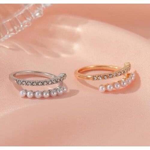 New Pearl Crystal Ring Resizable Gold Silver Color Rings For Women Jewelry Geometric Fashion Pearl Crystal Rings Jewellery Anel