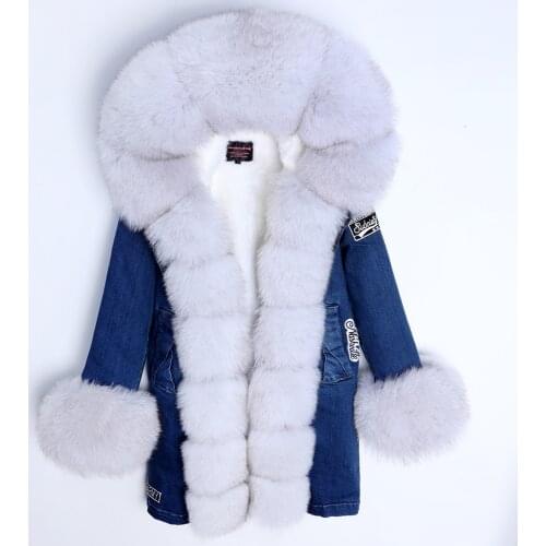 MAOMAOKONG Fur coat New Real Fox Fur denim Coats Winter Jackets Women Parkas Hooded Real Rabbit Fur Liner Womens jacket