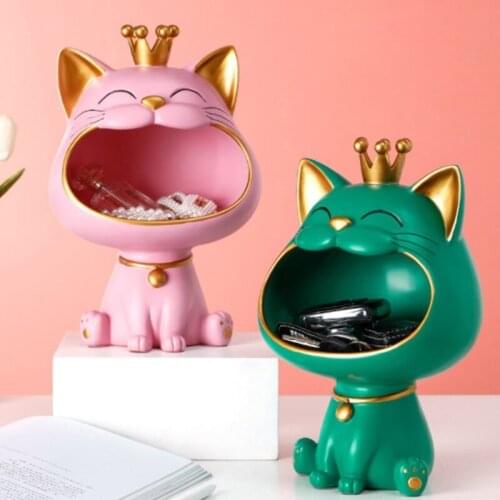 Lucky Cat Statue Sculpture Table Decoration Miniature Figurine Sundries Storage Box Modern Living Room Desk Home Decor