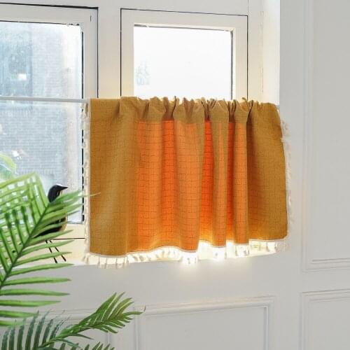 Country Style Tassel Tulle Sheer Grid Embroidered Short Window Curtain for Home Living Room Decor in the Kitchen Cafe Curtain