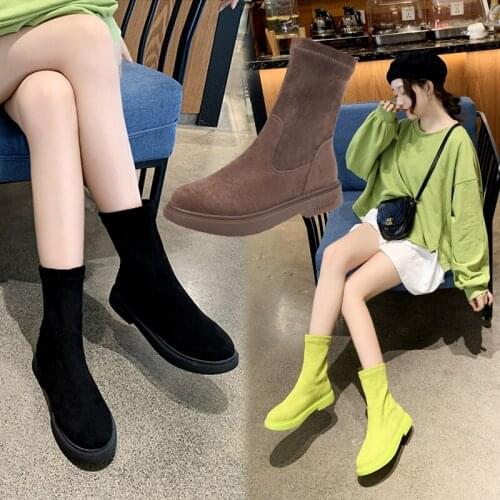 Women Short Boots Female Sock Cotton Fabric 2021 Fashion Chunky Heel Casual Shoes Black Elastic Boots Ladies Platform Shoe