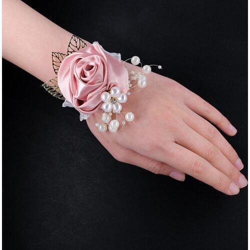 Wedding Silk Flower Wrist Corsages Burgundy Rose Bride Corsage Bracelet With Beaded Diamond Hand Flower Party Decoration SW0674