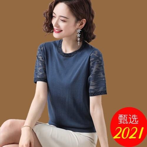 Fashion Summer Women Sweater V-Neck Stitching lace Knitted pullove Short sleeve Summer tops Female Casual Thin Jumper