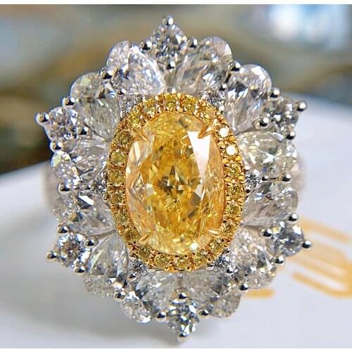 Luxury Big Yellow Crystal Citrine Gemstones Diamonds Flower Rings for Women White Gold Color Fashion Fine Jewelry Bijoux Gifts