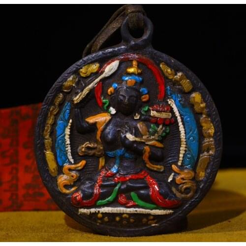 3"Tibet Temple Collection Old Bronze Engraved Tracing Manjushri statue Pendant Amulet Town House Exorcism Ward off evil spirits