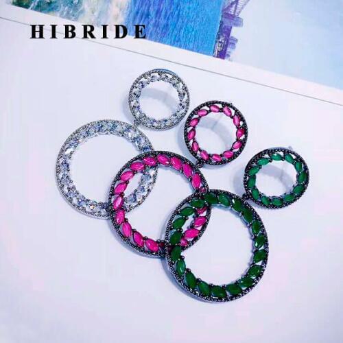 HIBRIDE Brand European Bohemia Style Big Round Pendant White Red Green Cubic Zircon Drop Earring Brincos Bijoux For Gifts E-700