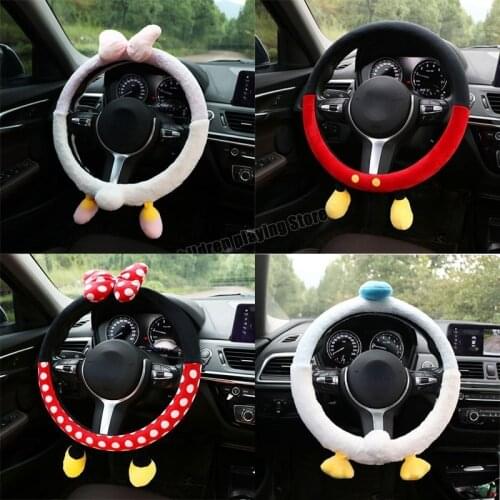 Disney Mickey Mouse Car Steering Wheel Cover Car Accessories for Girls Plush Winter Fur Cover Cartoon Car Interior Automobiles
