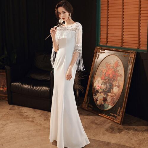 Long Evening Dresses Beading Tassel Half Sleeves Mermaid Women Formal Party Prom Gowns Elegant Vestido De Noche
