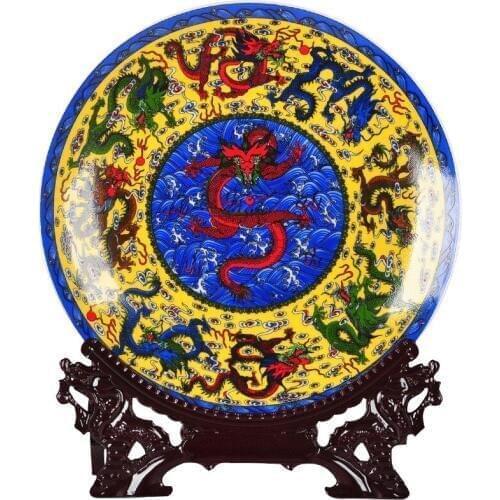 Fengshui Art Ceramic Ornamental Plate Ancient Chinese Nine Dragons Decoration Wood Base Porcelain Traditional Chinese Plate Set