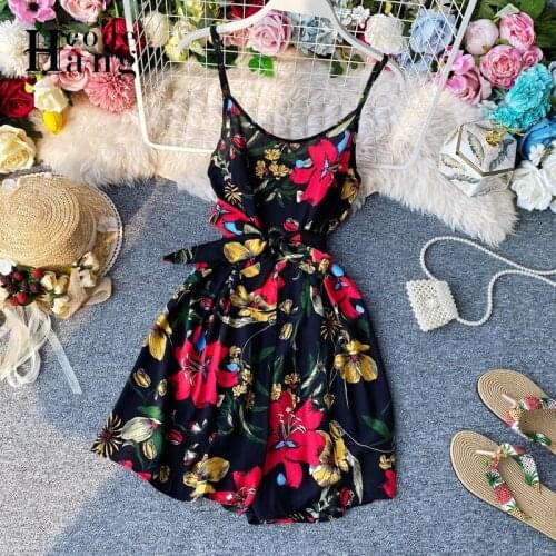 HangCode Korean Fashion Boho Beach Print Playsuits Women Spaghetti Strap High Waist Short Chiffon Shorts Female Holiday Playsuit