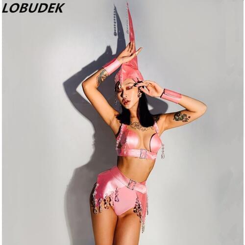 PU Leather Crystals Pink 6 Pieces Dance Outfits Sexy Bar Party Stage Costume Women Sets Nightclub DJ Singer Team Catwalk Clothes