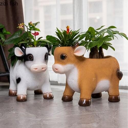 Resin Cow Flower Pot Large Decorative Flower Pot Green Plant Pot Potted Plants Gardening Supplies Decoration Crafts Ornaments